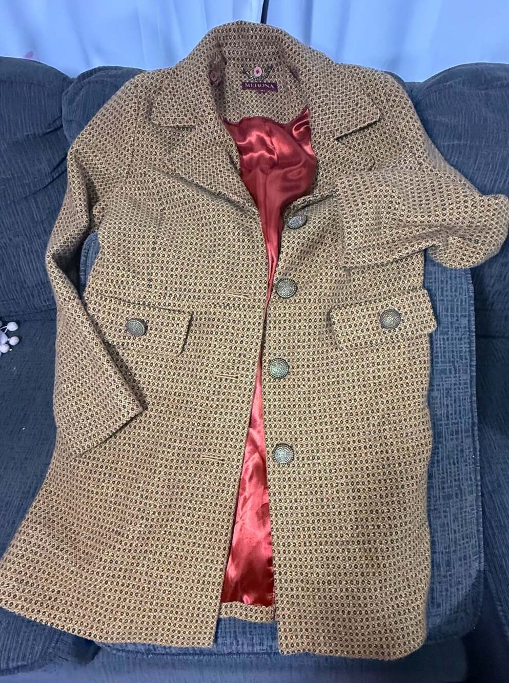 Merona Women's Brown Tweed Button-Front Car Coat with Red Lining